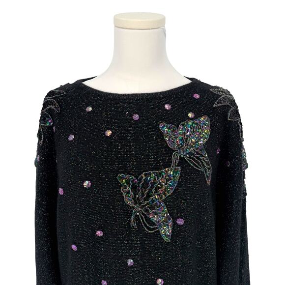 Vintage Tony Lambert Sequin Butterfly Beaded Novelty Sweater Metallic Women's L - Picture 2 of 7